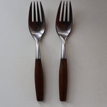 Load image into Gallery viewer, 1950s. Pair of Vintage DANSK Fjord Pattern Four-Prong Forks. Stainless Steel with Teak Handles. 7 1/4 inches
