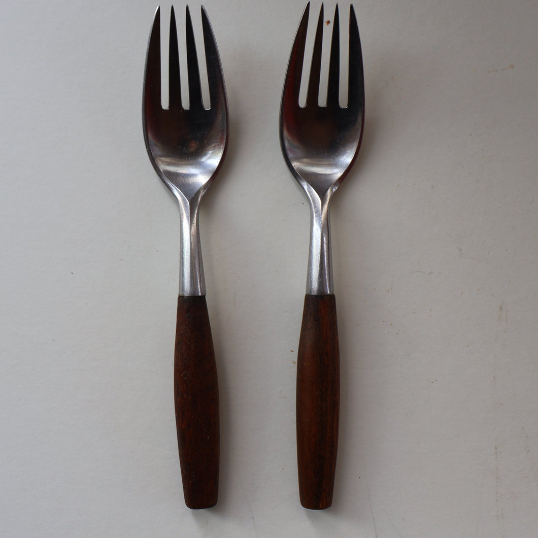 1950s. Pair of Vintage DANSK Fjord Pattern Four-Prong Forks. Stainless Steel with Teak Handles. 7 1/4 inches