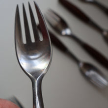 Load image into Gallery viewer, 1950s. Set of Six Vintage DANSK Fjord Pattern Four-Prong Forks. Stainless Steel with Teak Handles. 7 1/4 inches
