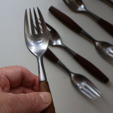 Load image into Gallery viewer, 1950s. Set of Six Vintage DANSK Fjord Pattern Four-Prong Forks. Stainless Steel with Teak Handles. 7 1/4 inches

