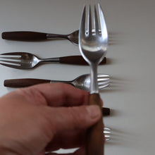 Load image into Gallery viewer, 1950s. Set of Six Vintage DANSK Fjord Pattern Four-Prong Forks. Stainless Steel with Teak Handles. 7 1/4 inches

