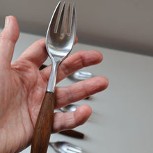 Load image into Gallery viewer, 1950s. Set of Six Vintage DANSK Fjord Pattern Four-Prong Forks. Stainless Steel with Teak Handles. 7 1/4 inches
