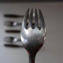 Load image into Gallery viewer, 1950s. Set of Six Vintage DANSK Fjord Pattern Four-Prong Forks. Stainless Steel with Teak Handles. 7 1/4 inches
