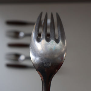 1950s. Set of Six Vintage DANSK Fjord Pattern Four-Prong Forks. Stainless Steel with Teak Handles. 7 1/4 inches