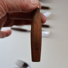 Load image into Gallery viewer, 1950s. Set of Six Vintage DANSK Fjord Pattern Four-Prong Forks. Stainless Steel with Teak Handles. 7 1/4 inches
