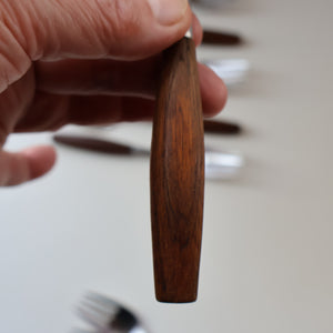 1950s. Set of Six Vintage DANSK Fjord Pattern Four-Prong Forks. Stainless Steel with Teak Handles. 7 1/4 inches