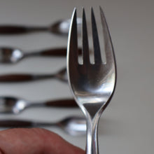 Load image into Gallery viewer, 1950s. Set of Six Vintage DANSK Fjord Pattern Four-Prong Forks. Stainless Steel with Teak Handles. 7 1/4 inches
