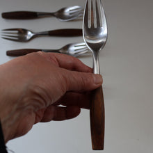 Load image into Gallery viewer, 1950s. Set of Six Vintage DANSK Fjord Pattern Four-Prong Forks. Stainless Steel with Teak Handles. 7 1/4 inches

