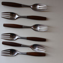 Load image into Gallery viewer, 1950s. Set of Six Vintage DANSK Fjord Pattern Four-Prong Forks. Stainless Steel with Teak Handles. 7 1/4 inches
