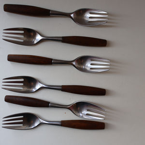 1950s. Set of Six Vintage DANSK Fjord Pattern Four-Prong Forks. Stainless Steel with Teak Handles. 7 1/4 inches