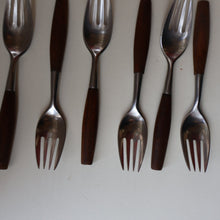 Load image into Gallery viewer, 1950s. Set of Six Vintage DANSK Fjord Pattern Four-Prong Forks. Stainless Steel with Teak Handles. 7 1/4 inches
