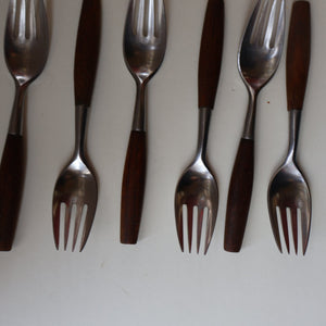 1950s. Set of Six Vintage DANSK Fjord Pattern Four-Prong Forks. Stainless Steel with Teak Handles. 7 1/4 inches