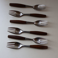 Load image into Gallery viewer, 1950s. Set of Six Vintage DANSK Fjord Pattern Four-Prong Forks. Stainless Steel with Teak Handles. 7 1/4 inches
