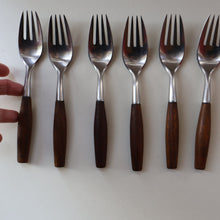 Load image into Gallery viewer, 1950s. Set of Six Vintage DANSK Fjord Pattern Four-Prong Forks. Stainless Steel with Teak Handles. 7 1/4 inches

