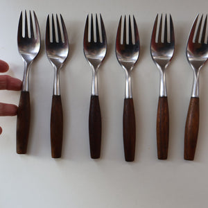 1950s. Set of Six Vintage DANSK Fjord Pattern Four-Prong Forks. Stainless Steel with Teak Handles. 7 1/4 inches
