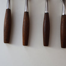 Load image into Gallery viewer, 1950s. Set of Six Vintage DANSK Fjord Pattern Four-Prong Forks. Stainless Steel with Teak Handles. 7 1/4 inches
