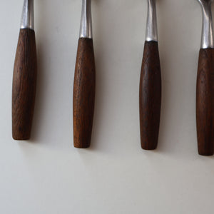 1950s. Set of Six Vintage DANSK Fjord Pattern Four-Prong Forks. Stainless Steel with Teak Handles. 7 1/4 inches