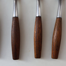Load image into Gallery viewer, 1950s. Set of Six Vintage DANSK Fjord Pattern Four-Prong Forks. Stainless Steel with Teak Handles. 7 1/4 inches
