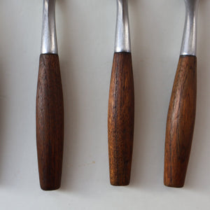 1950s. Set of Six Vintage DANSK Fjord Pattern Four-Prong Forks. Stainless Steel with Teak Handles. 7 1/4 inches