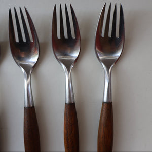 1950s. Set of Six Vintage DANSK Fjord Pattern Four-Prong Forks. Stainless Steel with Teak Handles. 7 1/4 inches