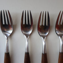 Load image into Gallery viewer, 1950s. Set of Six Vintage DANSK Fjord Pattern Four-Prong Forks. Stainless Steel with Teak Handles. 7 1/4 inches
