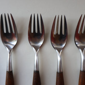 1950s. Set of Six Vintage DANSK Fjord Pattern Four-Prong Forks. Stainless Steel with Teak Handles. 7 1/4 inches