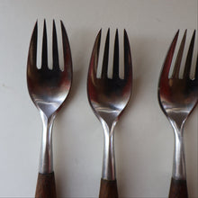 Load image into Gallery viewer, 1950s. Set of Six Vintage DANSK Fjord Pattern Four-Prong Forks. Stainless Steel with Teak Handles. 7 1/4 inches
