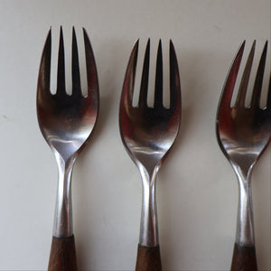 1950s. Set of Six Vintage DANSK Fjord Pattern Four-Prong Forks. Stainless Steel with Teak Handles. 7 1/4 inches
