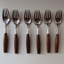 Load image into Gallery viewer, 1950s. Set of Six Vintage DANSK Fjord Pattern Four-Prong Forks. Stainless Steel with Teak Handles. 7 1/4 inches
