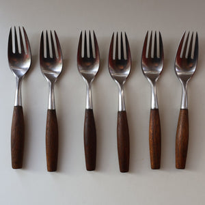1950s. Set of Six Vintage DANSK Fjord Pattern Four-Prong Forks. Stainless Steel with Teak Handles. 7 1/4 inches