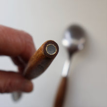 Load image into Gallery viewer, 1950s. PAIR of Vintage DANSK Fjord Pattern Dessert or Soup Spoons. Stainless Steel with Teak Handles. 7 1/8 inches
