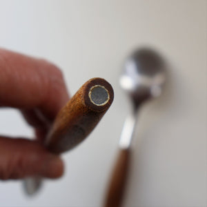 1950s. PAIR of Vintage DANSK Fjord Pattern Dessert or Soup Spoons. Stainless Steel with Teak Handles. 7 1/8 inches
