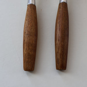 1950s. PAIR of Vintage DANSK Fjord Pattern Dessert or Soup Spoons. Stainless Steel with Teak Handles. 7 1/8 inches