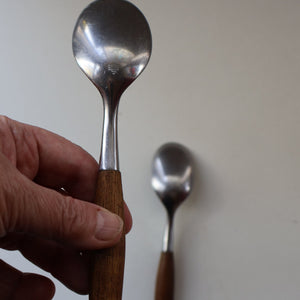 1950s. PAIR of Vintage DANSK Fjord Pattern Dessert or Soup Spoons. Stainless Steel with Teak Handles. 7 1/8 inches