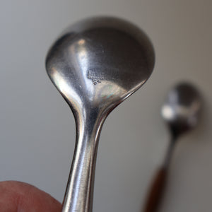 1950s. PAIR of Vintage DANSK Fjord Pattern Dessert or Soup Spoons. Stainless Steel with Teak Handles. 7 1/8 inches