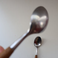 Load image into Gallery viewer, 1950s. PAIR of Vintage DANSK Fjord Pattern Dessert or Soup Spoons. Stainless Steel with Teak Handles. 7 1/8 inches
