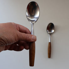 Load image into Gallery viewer, 1950s. PAIR of Vintage DANSK Fjord Pattern Dessert or Soup Spoons. Stainless Steel with Teak Handles. 7 1/8 inches

