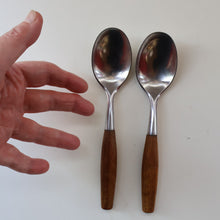 Load image into Gallery viewer, 1950s. PAIR of Vintage DANSK Fjord Pattern Dessert or Soup Spoons. Stainless Steel with Teak Handles. 7 1/8 inches
