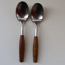 Load image into Gallery viewer, 1950s. PAIR of Vintage DANSK Fjord Pattern Dessert or Soup Spoons. Stainless Steel with Teak Handles. 7 1/8 inches

