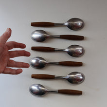 Load image into Gallery viewer, 1950s. Set of Six Vintage DANSK Fjord Pattern Dessert or Soup Spoons. Stainless Steel with Teak Handles. 7 1/8 inches
