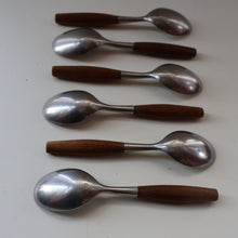 Load image into Gallery viewer, 1950s. Set of Six Vintage DANSK Fjord Pattern Dessert or Soup Spoons. Stainless Steel with Teak Handles. 7 1/8 inches
