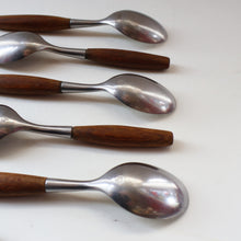 Load image into Gallery viewer, 1950s. Set of Six Vintage DANSK Fjord Pattern Dessert or Soup Spoons. Stainless Steel with Teak Handles. 7 1/8 inches
