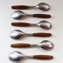 Load image into Gallery viewer, 1950s. Set of Six Vintage DANSK Fjord Pattern Dessert or Soup Spoons. Stainless Steel with Teak Handles. 7 1/8 inches
