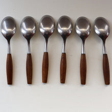 Load image into Gallery viewer, 1950s. Set of Six Vintage DANSK Fjord Pattern Dessert or Soup Spoons. Stainless Steel with Teak Handles. 7 1/8 inches
