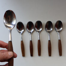 Load image into Gallery viewer, 1950s. Set of Six Vintage DANSK Fjord Pattern Dessert or Soup Spoons. Stainless Steel with Teak Handles. 7 1/8 inches
