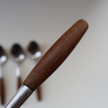 Load image into Gallery viewer, 1950s. Set of Six Vintage DANSK Fjord Pattern Dessert or Soup Spoons. Stainless Steel with Teak Handles. 7 1/8 inches
