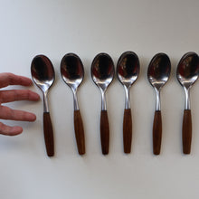Load image into Gallery viewer, 1950s. Set of Six Vintage DANSK Fjord Pattern Dessert or Soup Spoons. Stainless Steel with Teak Handles. 7 1/8 inches
