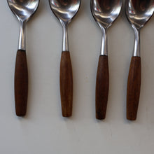 Load image into Gallery viewer, 1950s. Set of Six Vintage DANSK Fjord Pattern Dessert or Soup Spoons. Stainless Steel with Teak Handles. 7 1/8 inches
