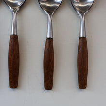 Load image into Gallery viewer, 1950s. Set of Six Vintage DANSK Fjord Pattern Dessert or Soup Spoons. Stainless Steel with Teak Handles. 7 1/8 inches
