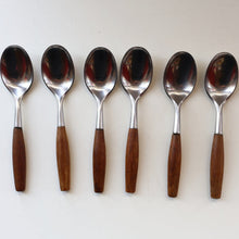 Load image into Gallery viewer, 1950s. Set of Six Vintage DANSK Fjord Pattern Dessert or Soup Spoons. Stainless Steel with Teak Handles. 7 1/8 inches
